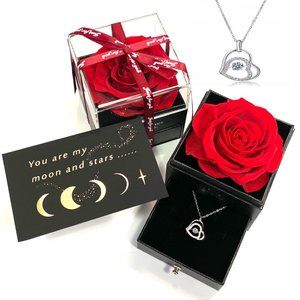 RED Preserved Real Rose With 9.25 Sterling Silver Necklace For Valentine's Day